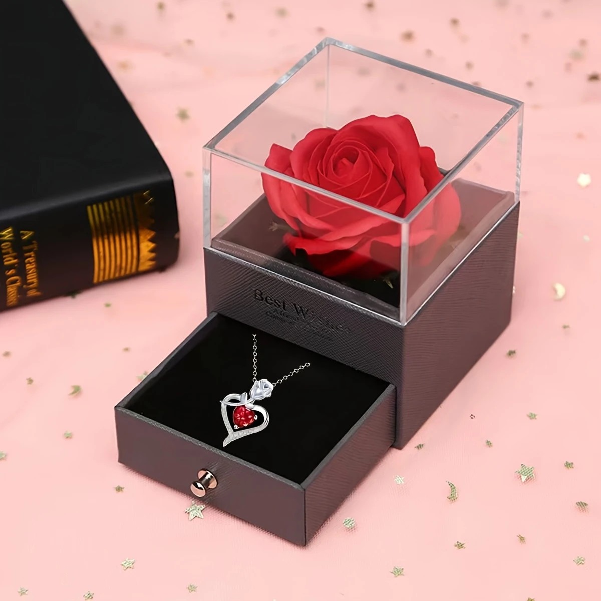 Rose Heart Pendant Necklace, copper-inlaid zirconia with ruby accents, adjustable chain. Symbolizing 