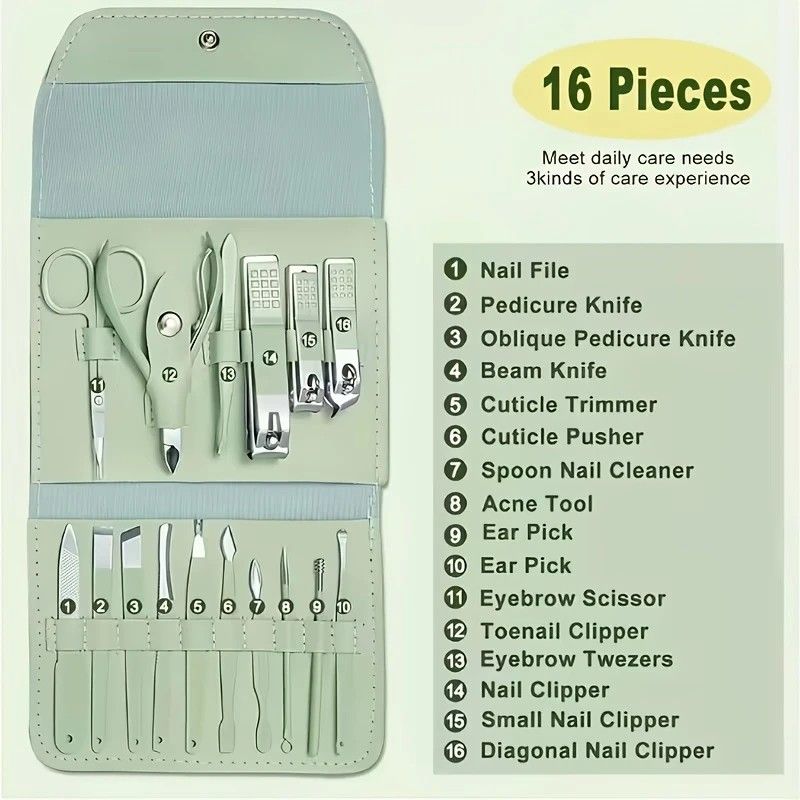 16-Piece Nail Care Set | Portable & Professional, One Box for Hand & Foot Details。green - Image 6
