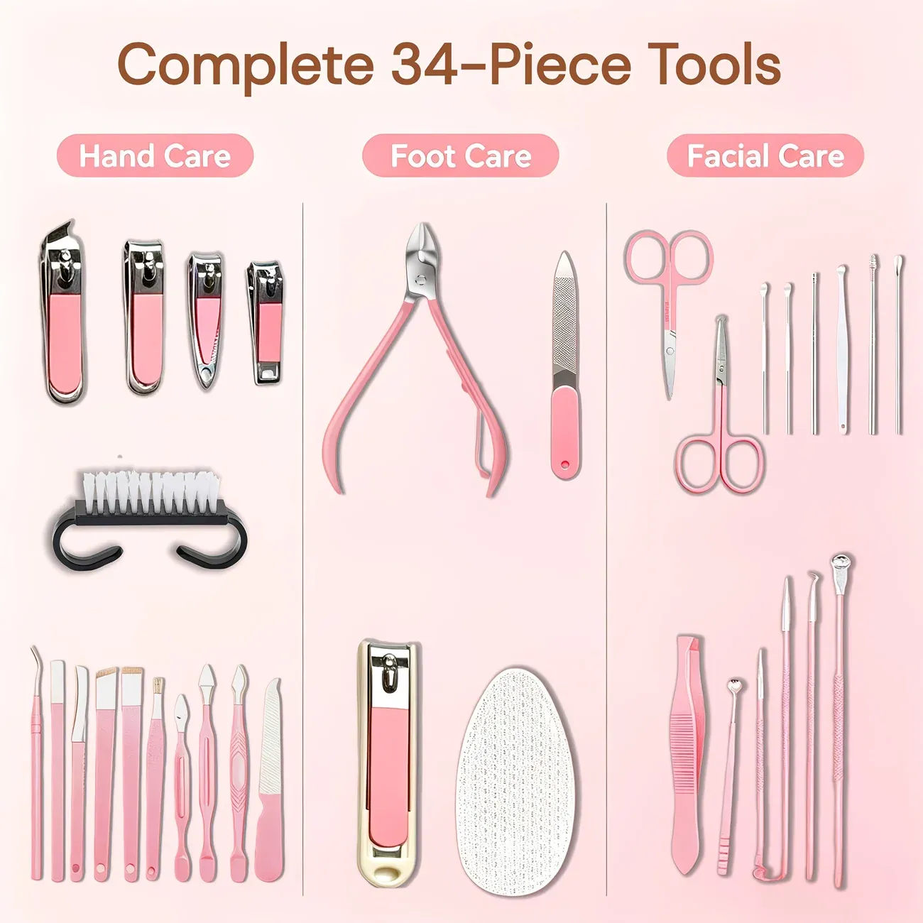 34-Piece Manicure Set: Sharp and Durable Stainless Steel Tools, All-in-One Hand, Foot, and Face Care, Portable Zippered Pouch, a Must-Have Exquisite Grooming Essential for Home and Travel!/pink - Image 3