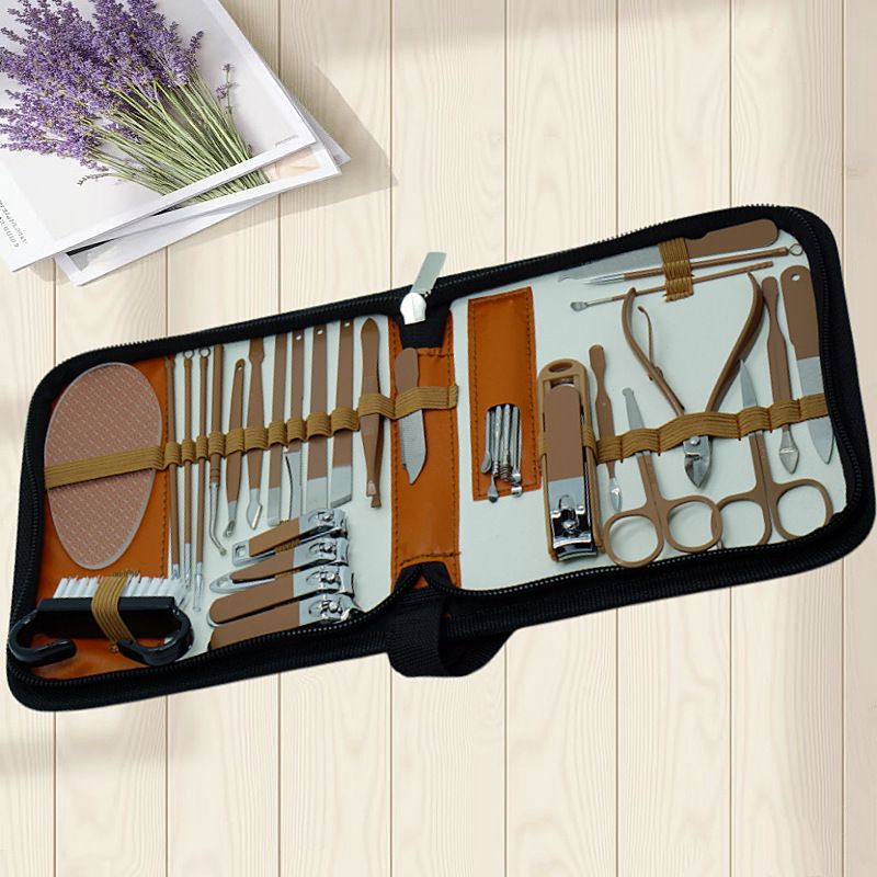 34-Piece Manicure Set: Sharp and Durable Stainless Steel Tools, All-in-One Hand, Foot, and Face Care, Portable Zippered Pouch, a Must-Have Exquisite Grooming Essential for Home and Travel!/brown - Image 1