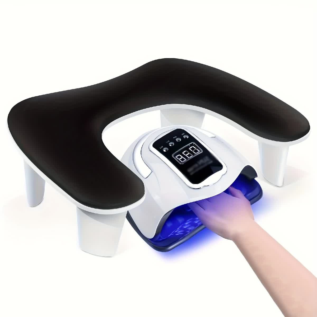 BLACK This handheld nail care device integrates a U-shaped pillow and comes with a portable detachable stand. Designed with an inclined PU material and a sturdy base, it is crafted for both comfort and portability. - Image 1