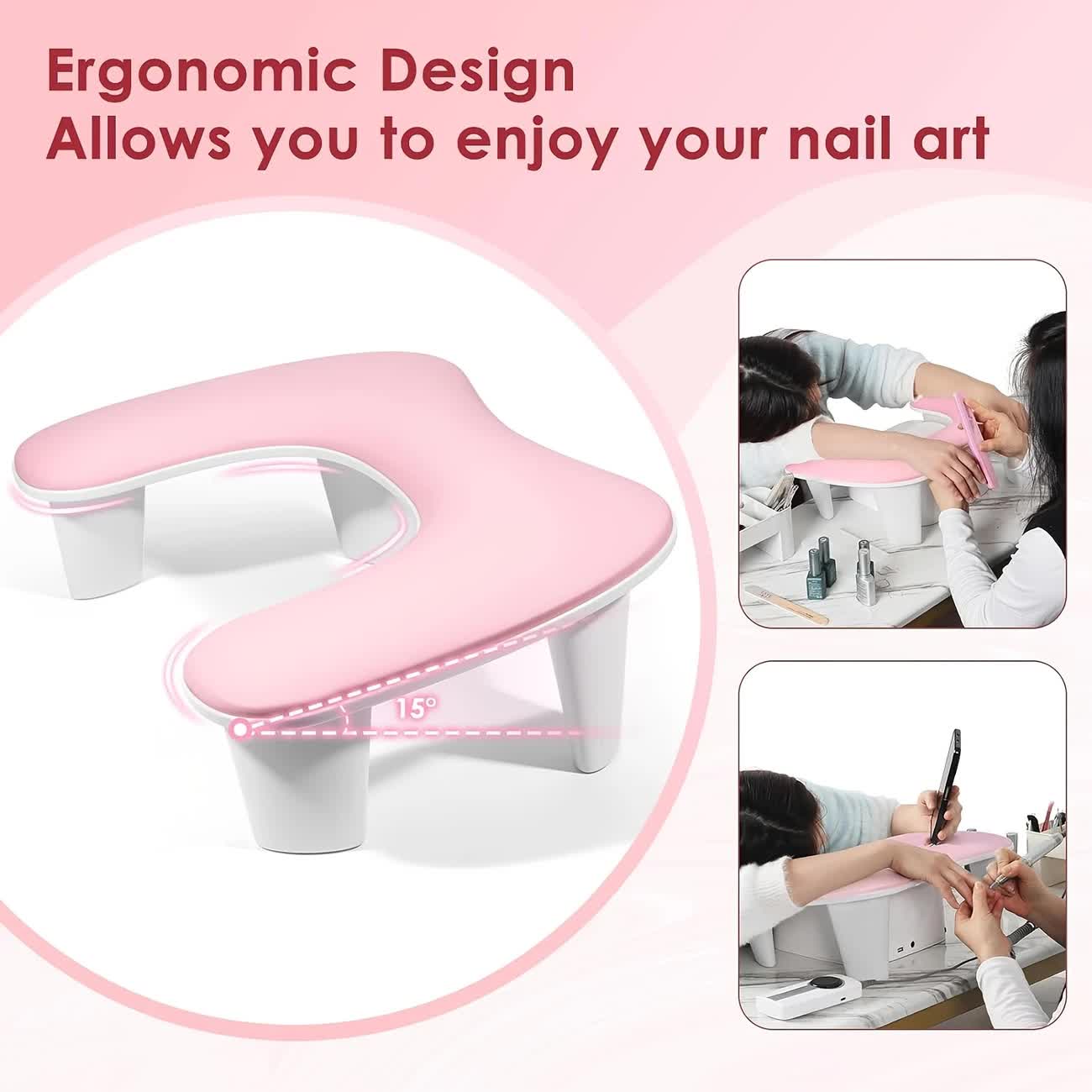 BLACK This handheld nail care device integrates a U-shaped pillow and comes with a portable detachable stand. Designed with an inclined PU material and a sturdy base, it is crafted for both comfort and portability. - Image 2