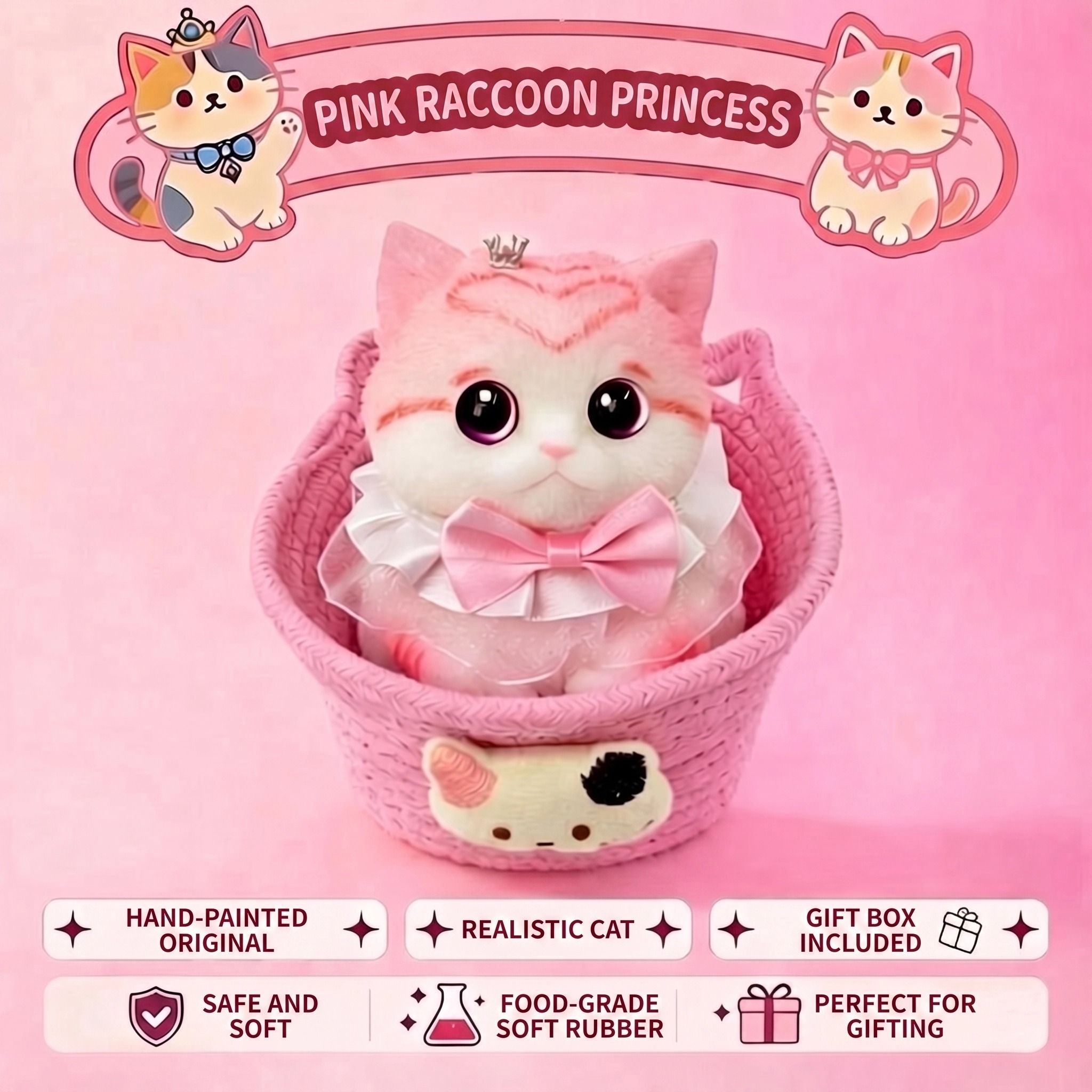 Cute handmade cat squishy toy, original hand-painted, baby-safe soft gel, gift box ideal for gifting. (Large cat + accessories + cat bed + gift box)/Pink orange fat baby - Image 2