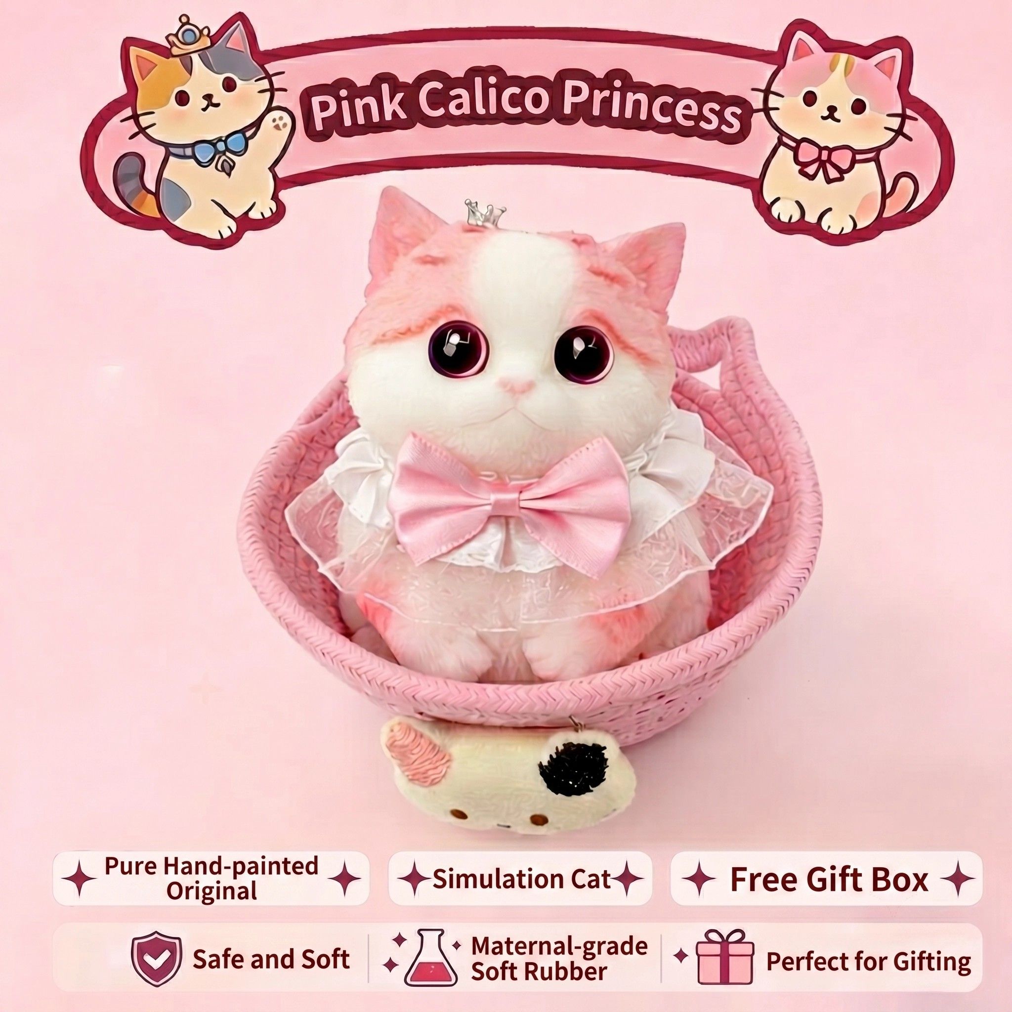 Cute handmade cat squishy toy, original hand-painted, baby-safe soft gel, gift box ideal for gifting. (Large cat + accessories + cat bed + gift box)/Princess pink beaver flower - Image 3