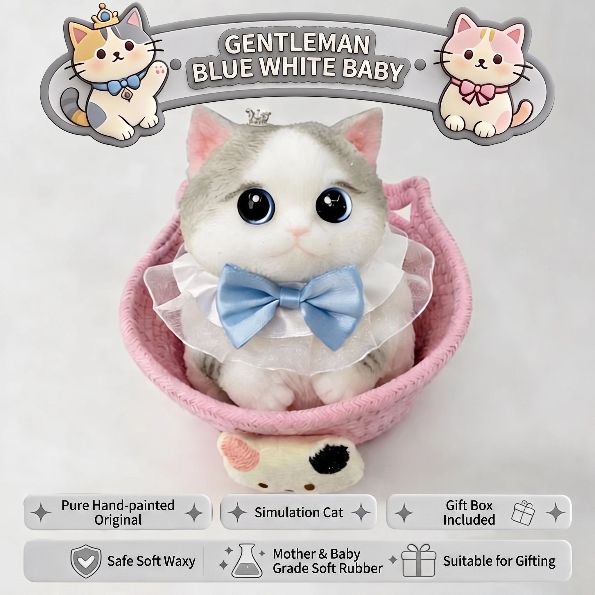 Cute handmade cat squishy toy, original hand-painted, baby-safe soft gel, gift box ideal for gifting. (Large cat + accessories + cat bed + gift box)/Fat orange cat - Image 4