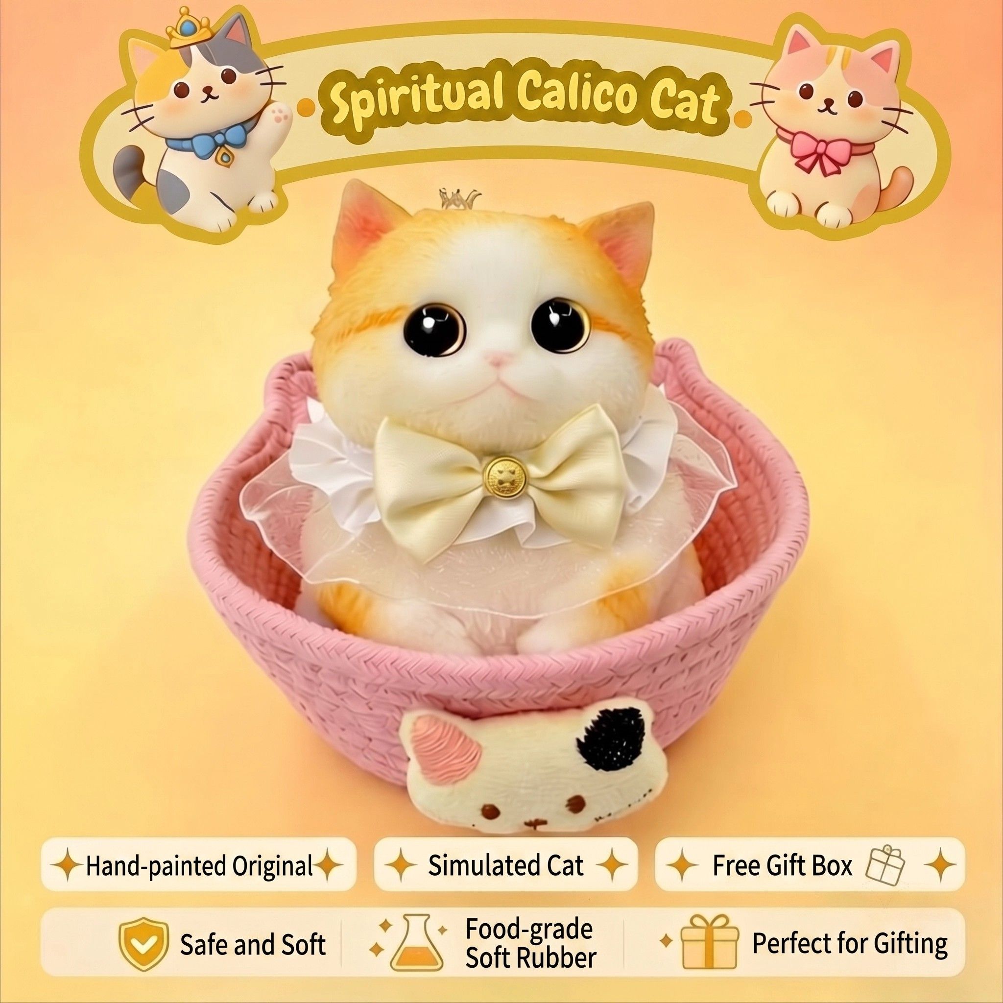 Cute handmade cat squishy toy, original hand-painted, baby-safe soft gel, gift box ideal for gifting. (Large cat + accessories + cat bed + gift box)/Noble Bobtail Gentleman - Image 3