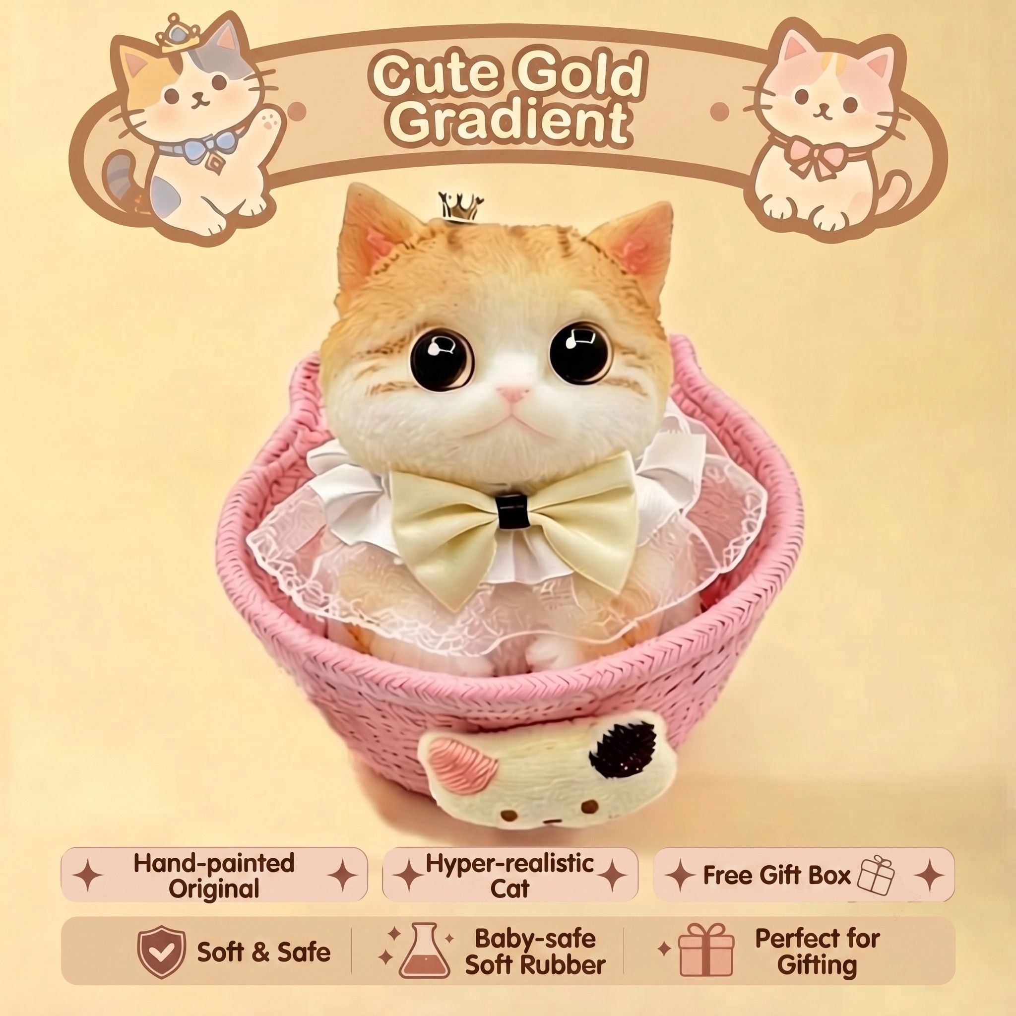 Cute handmade cat squishy toy, original hand-painted, baby-safe soft gel, gift box ideal for gifting. (Large cat + accessories + cat bed + gift box)/Lovely golden gradient - Image 8