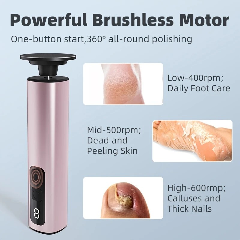 Grey Electric Foot File: 3-Speed Adjustable Nano-Level Filing, Type-C Fast Charge, Long Battery Life, Washable & Replaceable Heads, At-Home & Travel Foot Renewal Care - Image 2