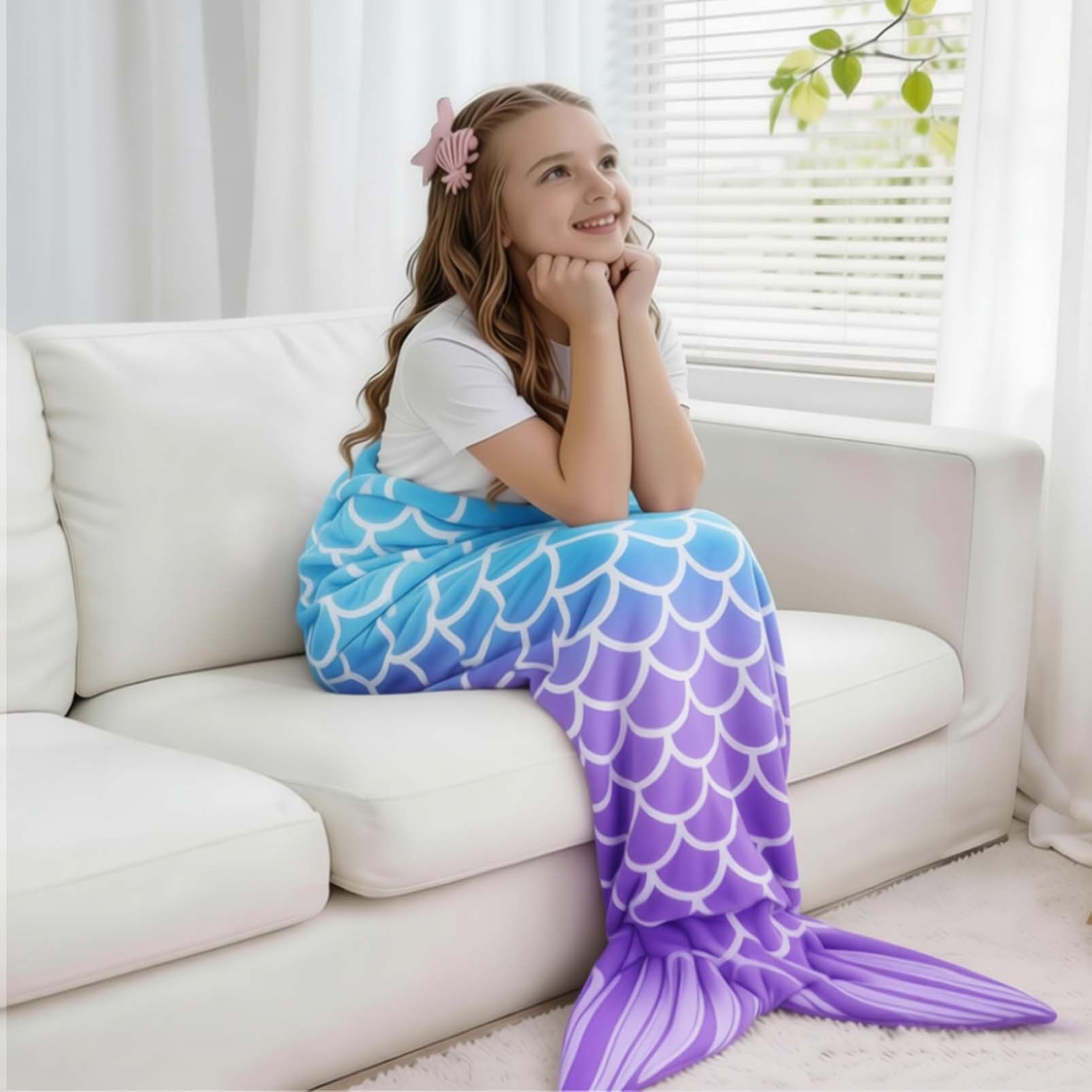 Mermaid Tail Blanket, Star Gradient Flannel Fleece, Soft and Warm, Essential for Lounging and Photo Taking at Home.(Light-blue purple) - Image 1