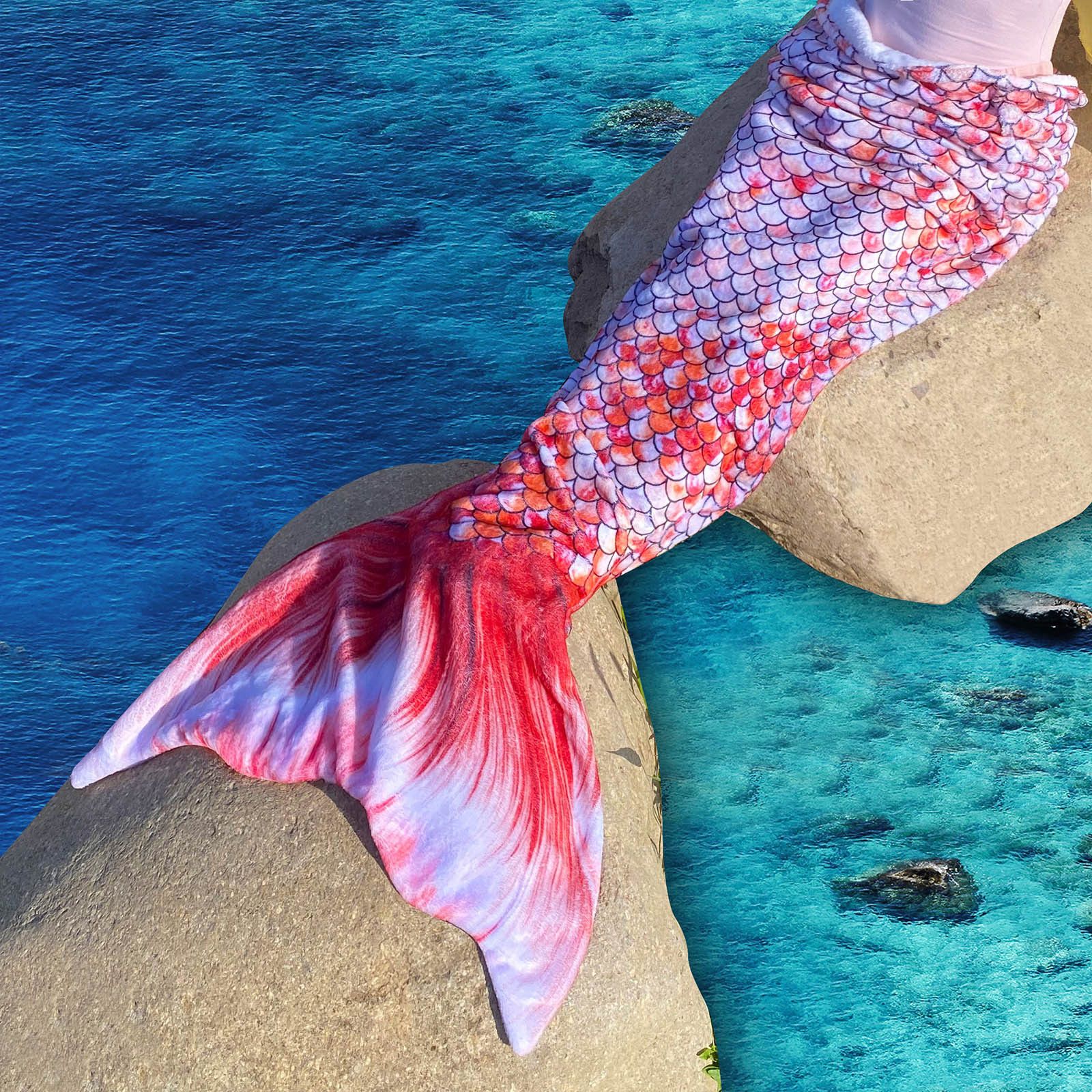 Mermaid Tail Blanket, Star Gradient Flannel Fleece, Soft and Warm, Essential for Lounging and Photo Taking at Home.(RED) - Image 1
