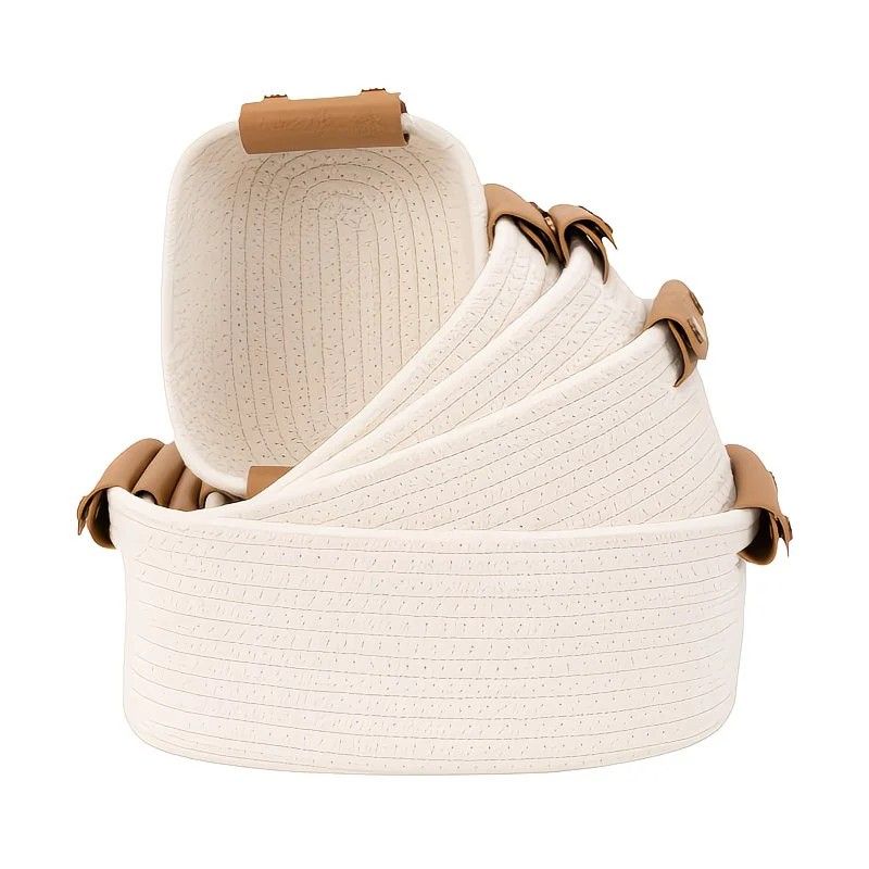 5-piece cotton rope storage basket set, cotton woven with leather handles, multiple sizes for organizing desk sundries, beautiful and practical to enhance space style.(WHITE) - Image 1