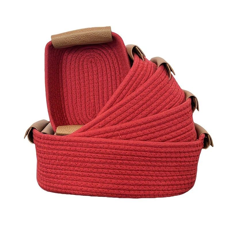 5-piece cotton rope storage basket set, cotton woven with leather handles, multiple sizes for organizing desk sundries, beautiful and practical to enhance space style.(RED) - Image 1