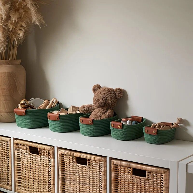 5-piece cotton rope storage basket set, cotton woven with leather handles, multiple sizes for organizing desk sundries, beautiful and practical to enhance space style.(RED) - Image 7