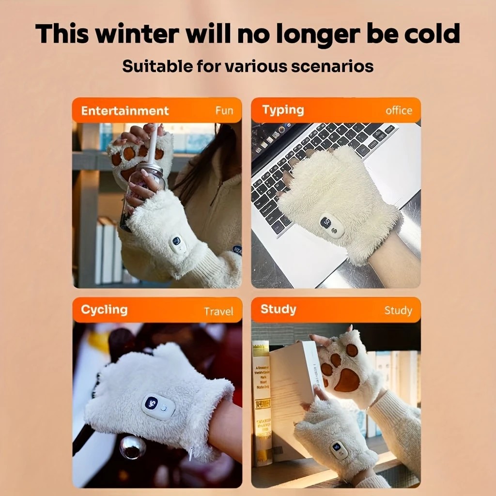 WHITE Cat Paw Fingerless Electric Heating Gloves, 3 adjustable heating levels, washable, 2000mAh battery, fluffy and warm, perfect for study and entertainment, ideal gift for birthdays and Christmas. - Image 3
