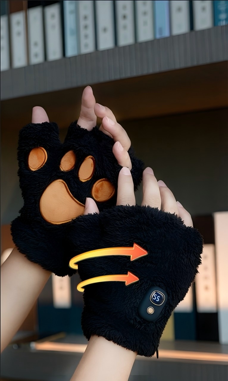 BLACK Cat Paw Fingerless Electric Heating Gloves, 3 adjustable heating levels, washable, 2000mAh battery, fluffy and warm, perfect for study and entertainment, ideal gift for birthdays and Christmas. - Image 1