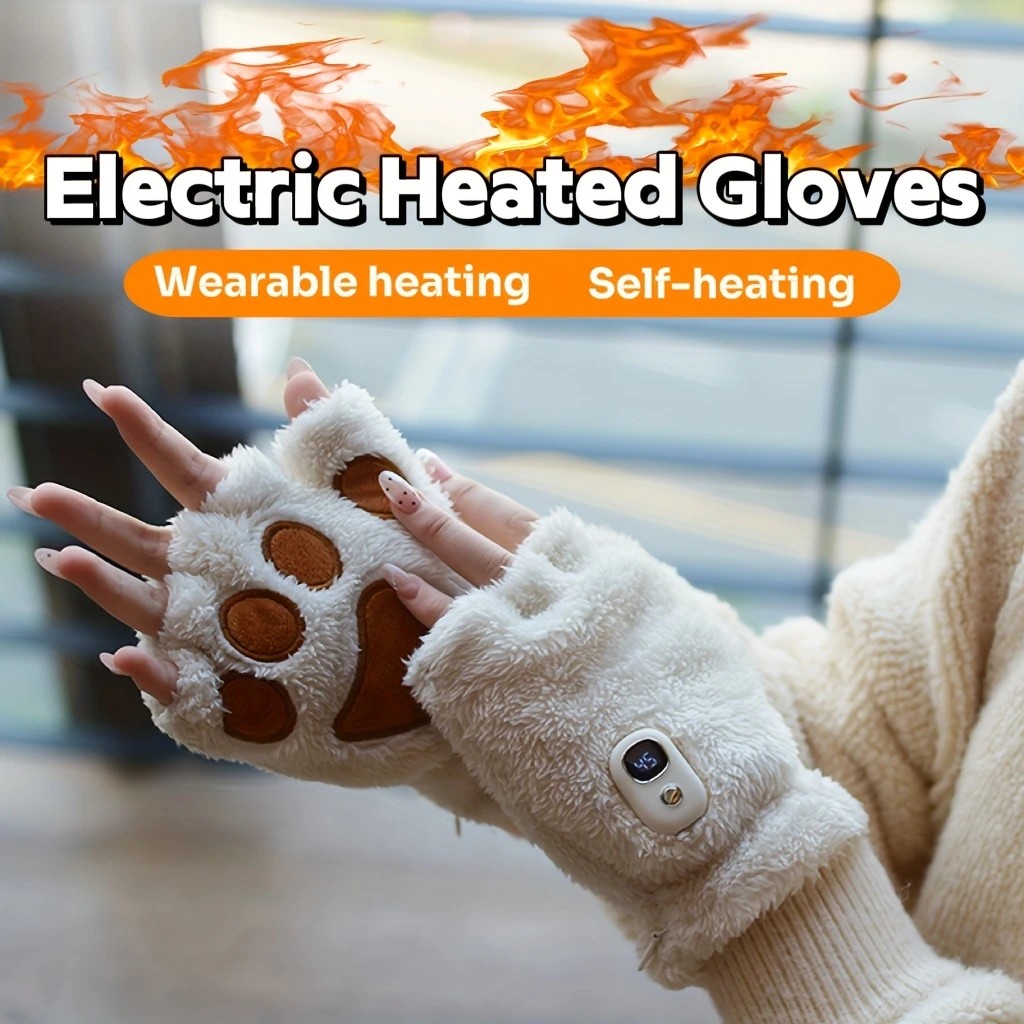 BLACK Cat Paw Fingerless Electric Heating Gloves, 3 adjustable heating levels, washable, 2000mAh battery, fluffy and warm, perfect for study and entertainment, ideal gift for birthdays and Christmas. - Image 2