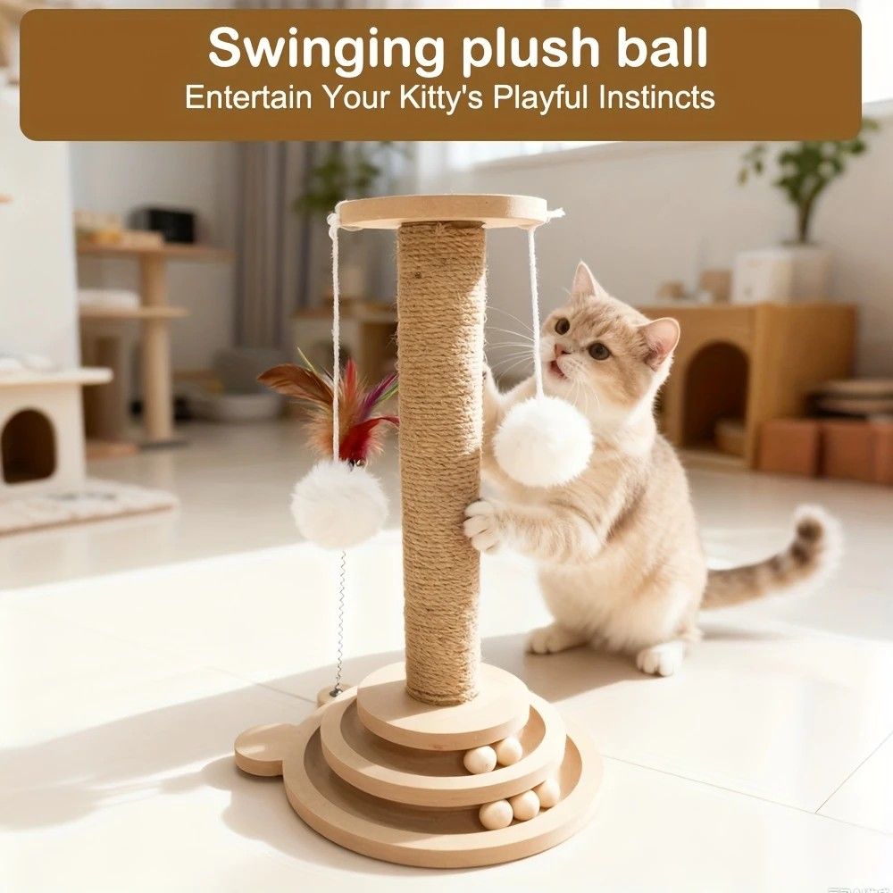 Bestselling Interactive Cat Scratching Post | Sisal Scratching Board + Rotating Ball Track + Feather Toy, Multi-functional Cat Tower for Solo Play and Stress Relief - Image 1