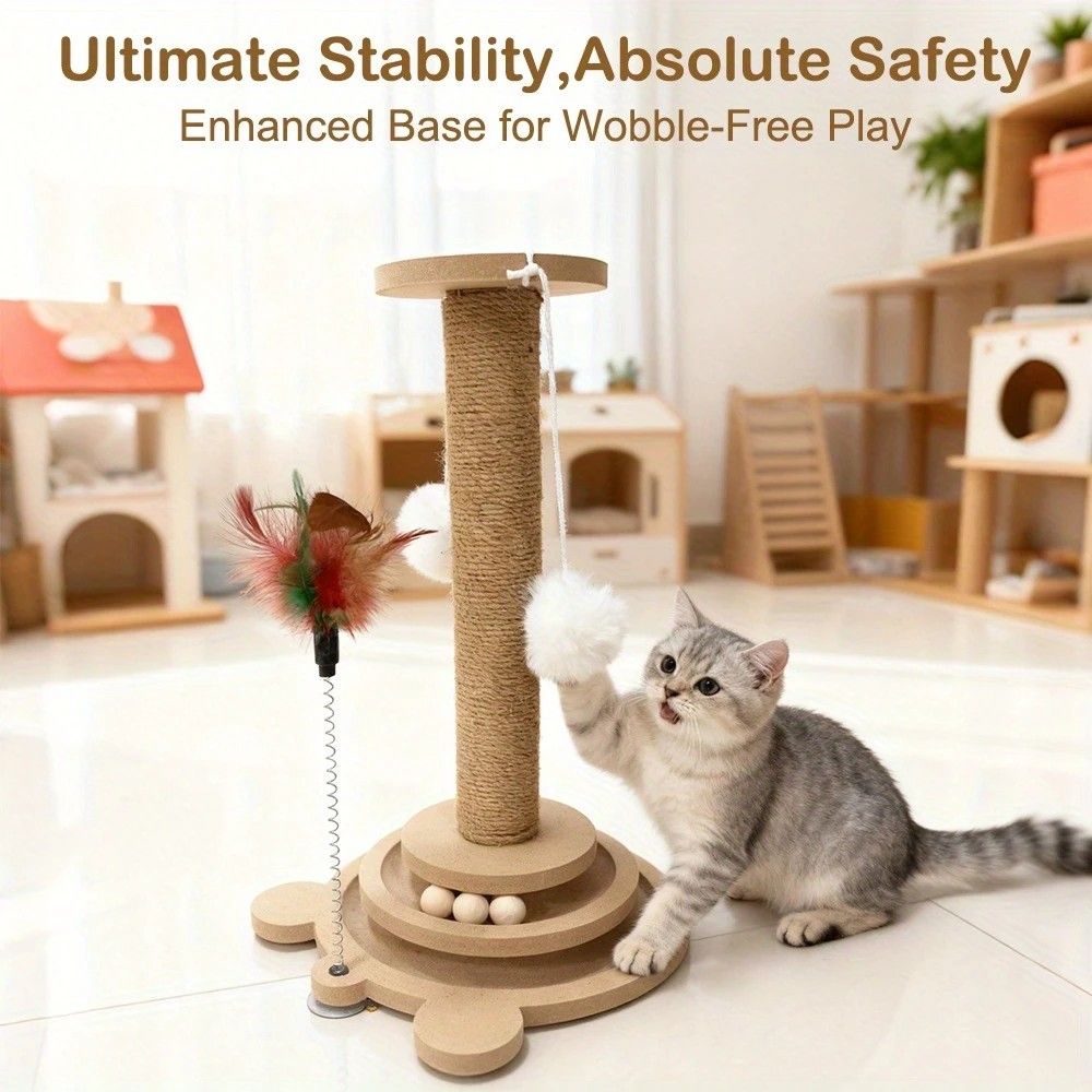 Bestselling Interactive Cat Scratching Post | Sisal Scratching Board + Rotating Ball Track + Feather Toy, Multi-functional Cat Tower for Solo Play and Stress Relief - Image 2