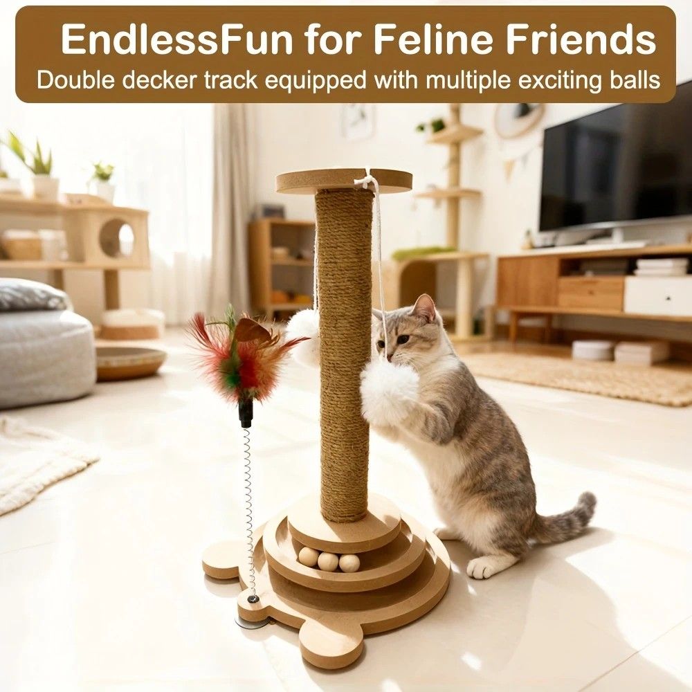 Bestselling Interactive Cat Scratching Post | Sisal Scratching Board + Rotating Ball Track + Feather Toy, Multi-functional Cat Tower for Solo Play and Stress Relief - Image 3