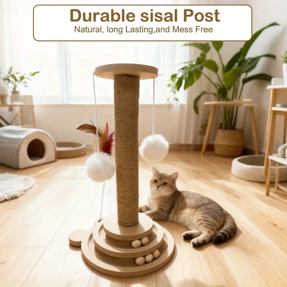 Bestselling Interactive Cat Scratching Post | Sisal Scratching Board + Rotating Ball Track + Feather Toy, Multi-functional Cat Tower for Solo Play and Stress Relief - Image 4