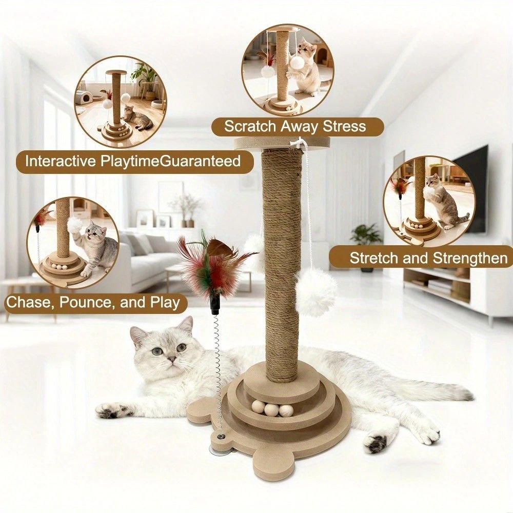 Bestselling Interactive Cat Scratching Post | Sisal Scratching Board + Rotating Ball Track + Feather Toy, Multi-functional Cat Tower for Solo Play and Stress Relief - Image 6