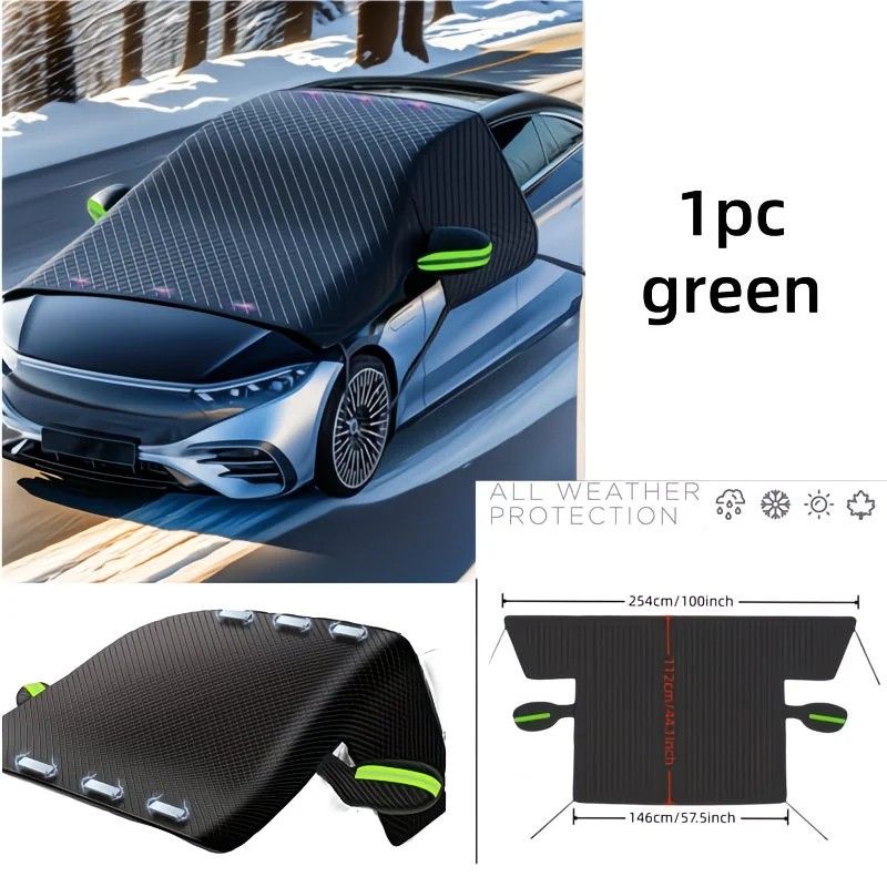 Four-Season Protection, Oxford Cloth Snow & Windshield Cover, Extra-Large Size, Sturdy and Frost-Resistant / 6-Magnet Oxford Cloth Front Shield + Side Window Cover + Windproof Straps + Green ive Strip - Image 1