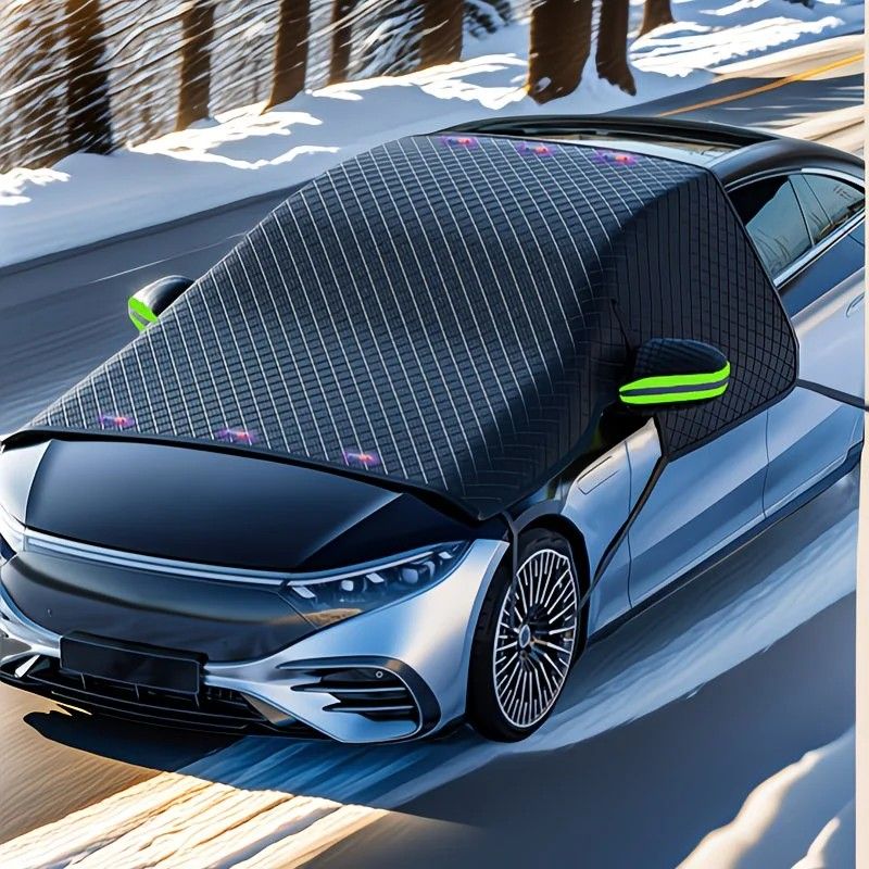 Four-Season Protection, Oxford Cloth Snow & Windshield Cover, Extra-Large Size, Sturdy and Frost-Resistant / 6-Magnet Oxford Cloth Front Shield + Side Window Cover + Windproof Straps + Green ive Strip - Image 2