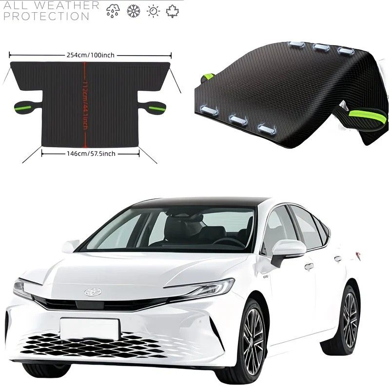 Four-Season Protection, Oxford Cloth Snow & Windshield Cover, Extra-Large Size, Sturdy and Frost-Resistant / 6-Magnet Oxford Cloth Front Shield + Side Window Cover + Windproof Straps + Green ive Strip - Image 4
