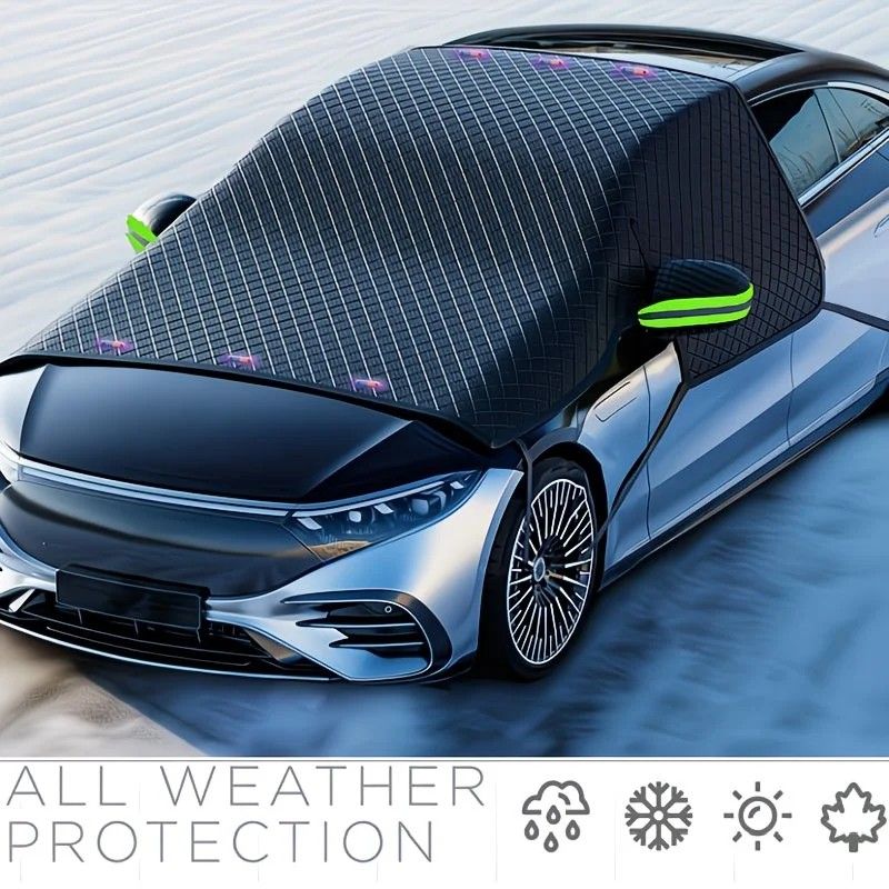 Four-Season Protection, Oxford Cloth Snow & Windshield Cover, Extra-Large Size, Sturdy and Frost-Resistant / 6-Magnet Oxford Cloth Front Shield + Side Window Cover + Windproof Straps + Green ive Strip - Image 8