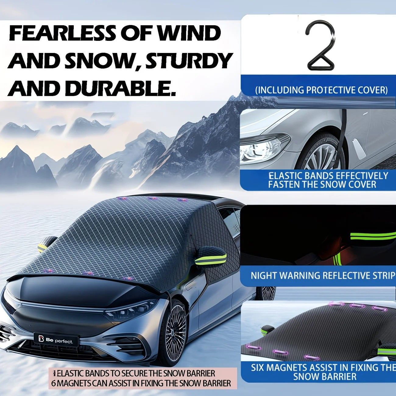 Multi-Vehicle Compatible, Four-Season Protection, Oxford Cloth Snow & Windshield Cover, Extra-Large Size, Sturdy and Frost-Resistant / 6-Magnet Front Shield + Side Window Cover + Windproof Straps + Upgraded green Edge Trim, 4 Straps - Image 5