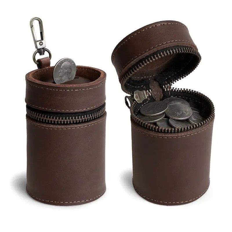 Oil Nubuck Leather Barrel Piggy Bank, Top-Grain Cowhide Plain Design, Zipper Closure Portable（coffee color） - Image 2