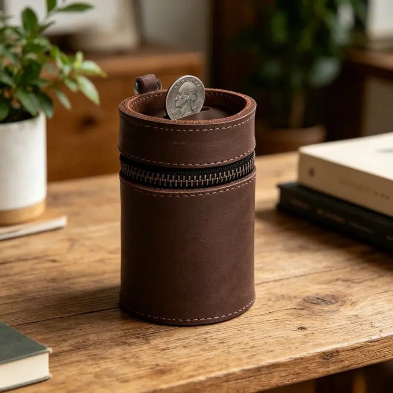Oil Nubuck Leather Barrel Piggy Bank, Top-Grain Cowhide Plain Design, Zipper Closure Portable（coffee color） - Image 3