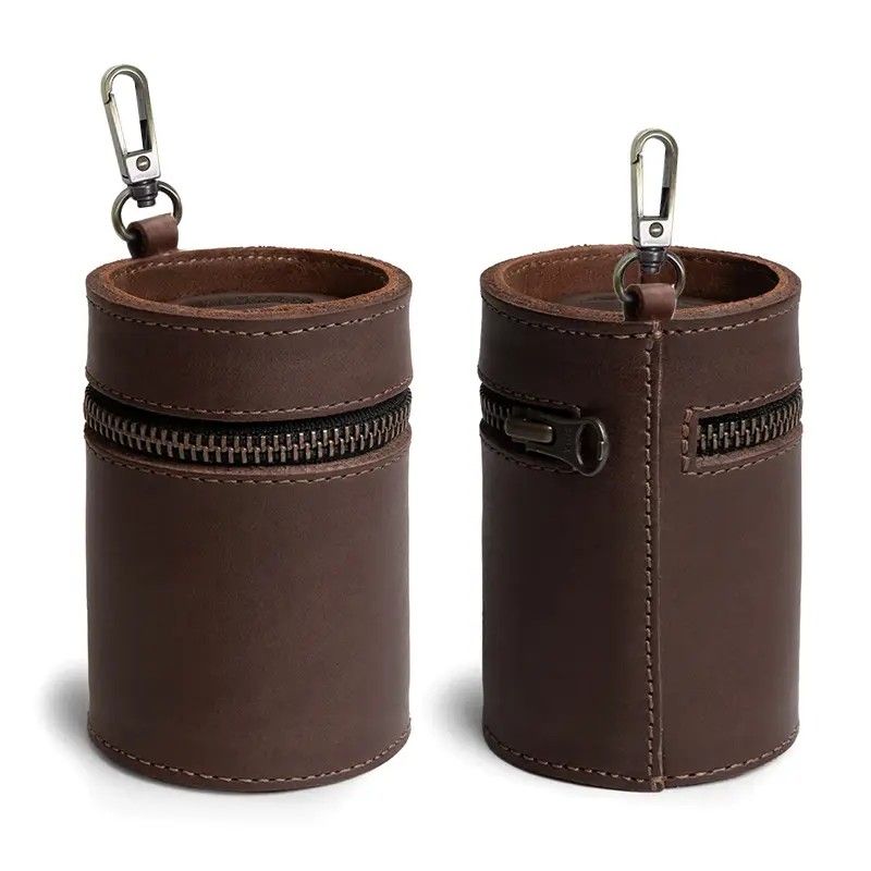 Oil Nubuck Leather Barrel Piggy Bank, Top-Grain Cowhide Plain Design, Zipper Closure Portable（coffee color） - Image 4