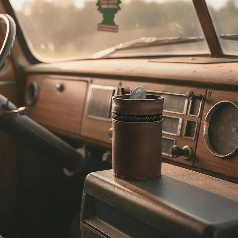 Oil Nubuck Leather Barrel Piggy Bank, Top-Grain Cowhide Plain Design, Zipper Closure Portable（coffee color） - Image 7