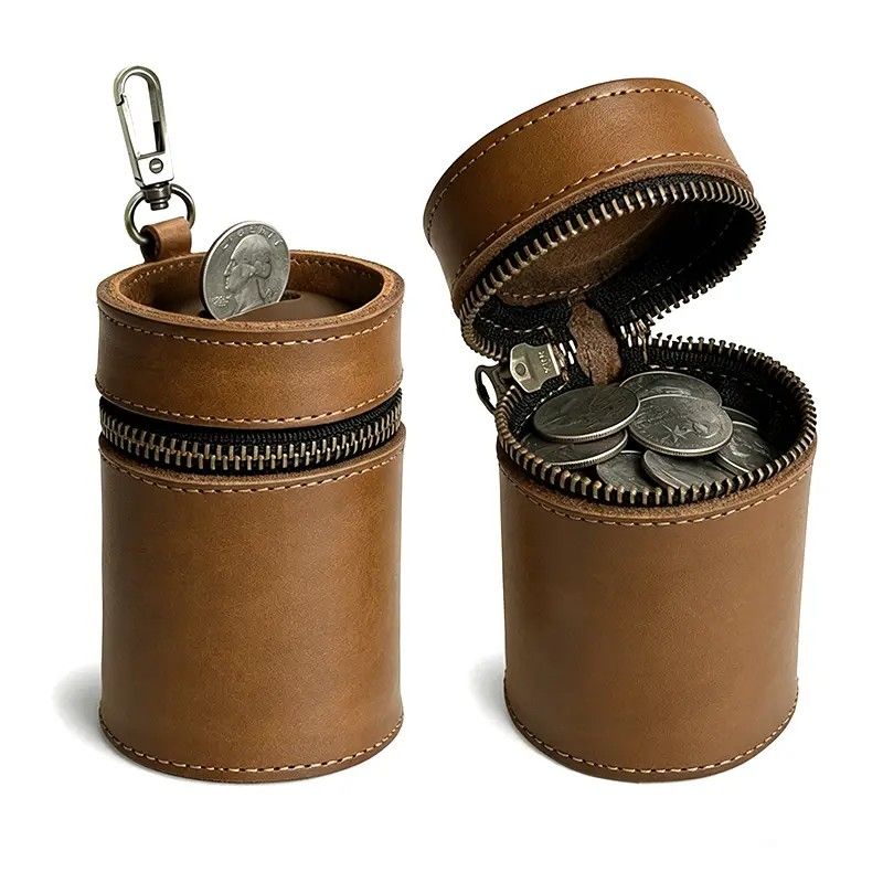 Oil Nubuck Leather Barrel Piggy Bank, Top-Grain Cowhide Plain Design, Zipper Closure Portable（brown） - Image 1
