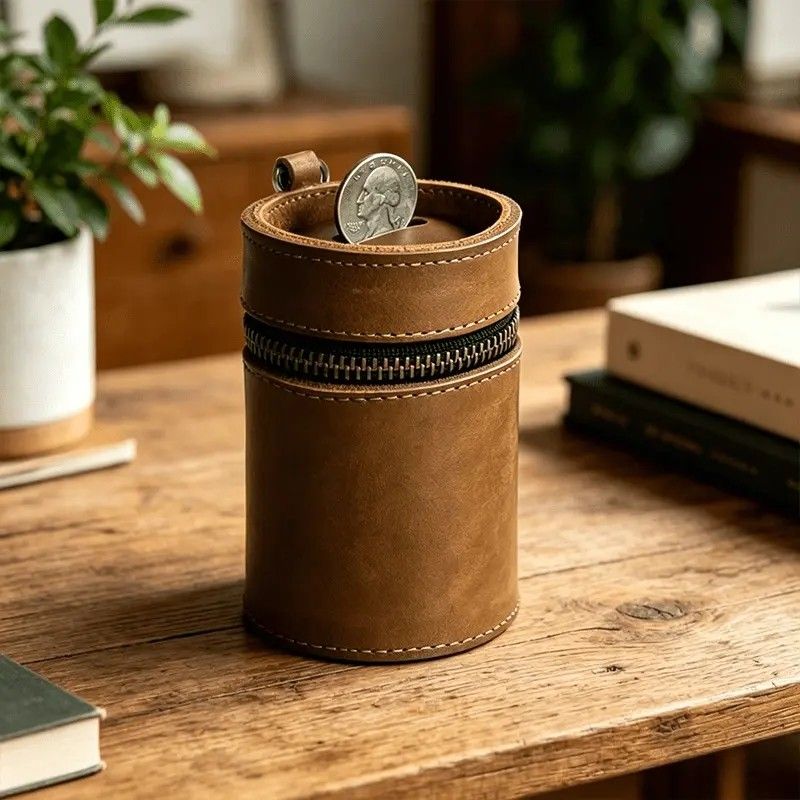 Oil Nubuck Leather Barrel Piggy Bank, Top-Grain Cowhide Plain Design, Zipper Closure Portable（brown） - Image 2