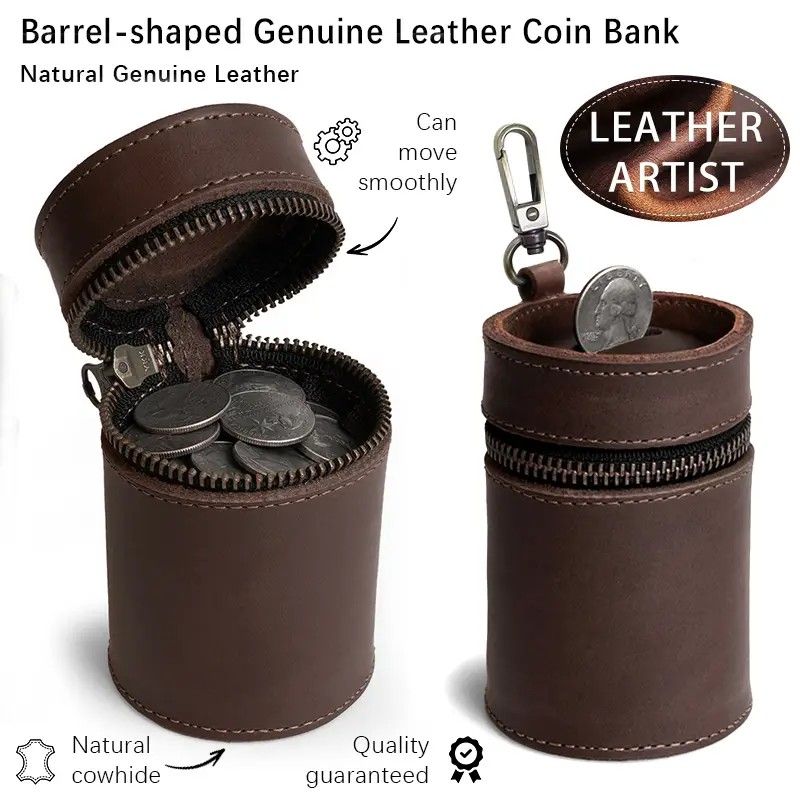 Oil Nubuck Leather Barrel Piggy Bank, Top-Grain Cowhide Plain Design, Zipper Closure Portable（brown） - Image 3