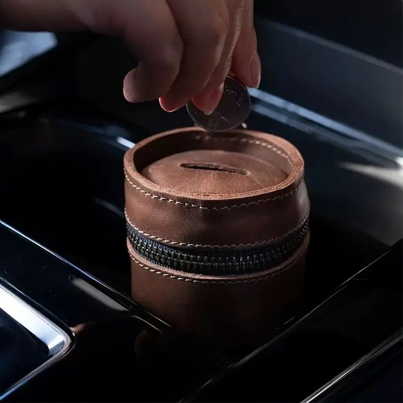 Oil Nubuck Leather Barrel Piggy Bank, Top-Grain Cowhide Plain Design, Zipper Closure Portable（brown） - Image 5