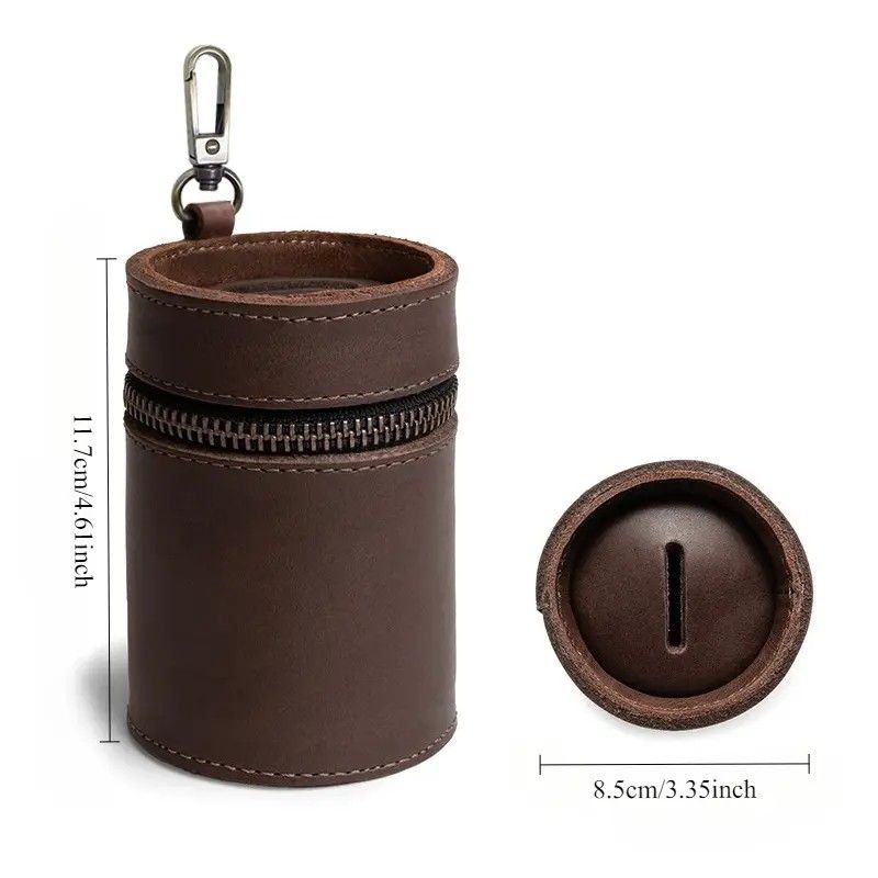 Oil Nubuck Leather Barrel Piggy Bank, Top-Grain Cowhide Plain Design, Zipper Closure Portable（brown） - Image 7