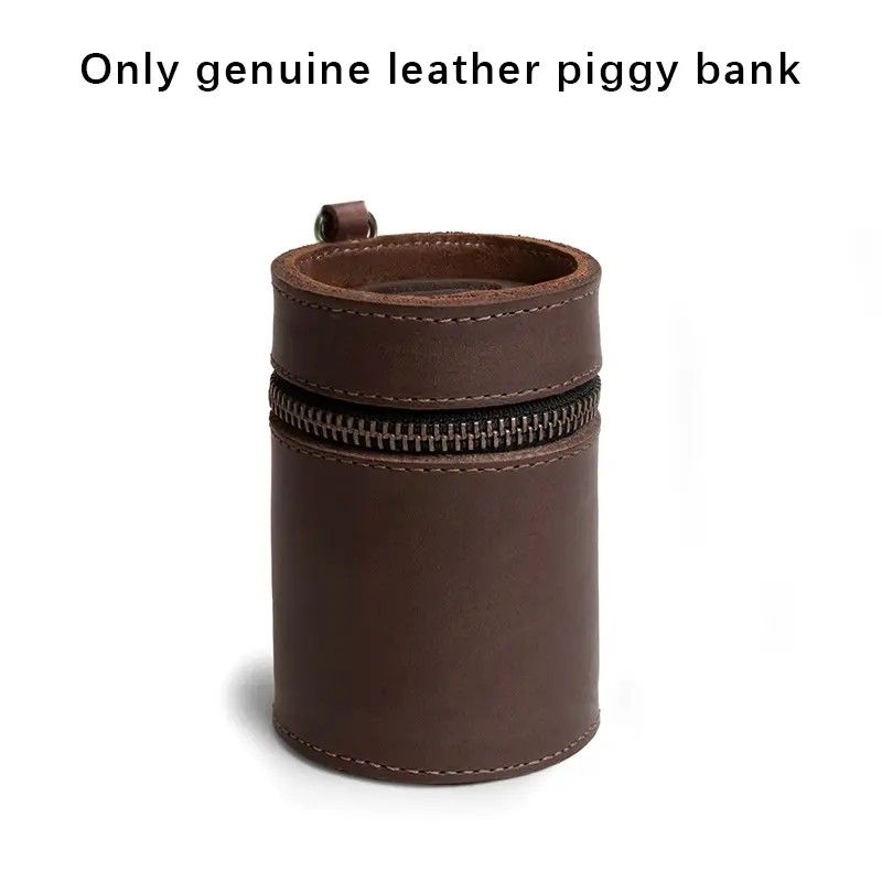 Oil Nubuck Leather Barrel Piggy Bank, Top-Grain Cowhide Plain Design, Zipper Closure Portable（brown） - Image 8