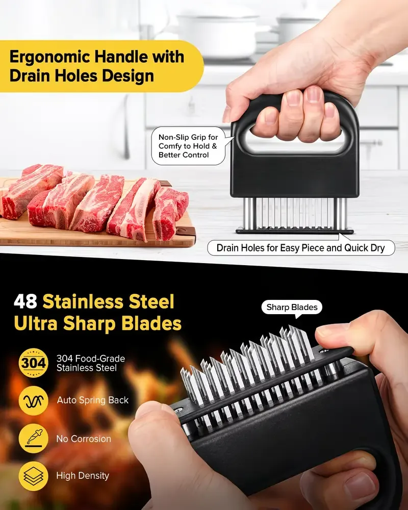 304 Stainless Steel 48-Blade Meat Tenderizer, Non-Slip Handle with Auto-Retraction, Quickly Cuts Tendons and Shortens Cooking Time, Works for Steak Lamb Chops Chicken Breast, Kitchen Essential - Image 2