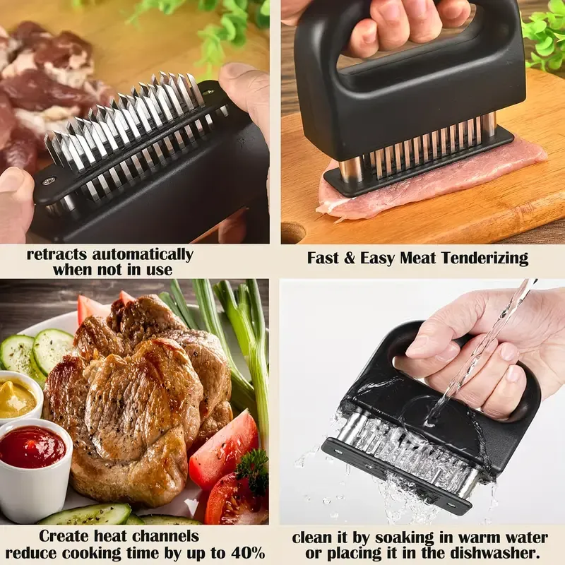 304 Stainless Steel 48-Blade Meat Tenderizer, Non-Slip Handle with Auto-Retraction, Quickly Cuts Tendons and Shortens Cooking Time, Works for Steak Lamb Chops Chicken Breast, Kitchen Essential - Image 5