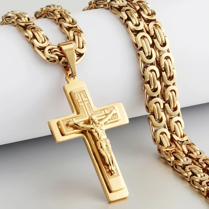Trendy Gold-Plated Cross Men's Pendant, paired with a Cuban chain—a bold, personal expression of faith.silver - Image 5