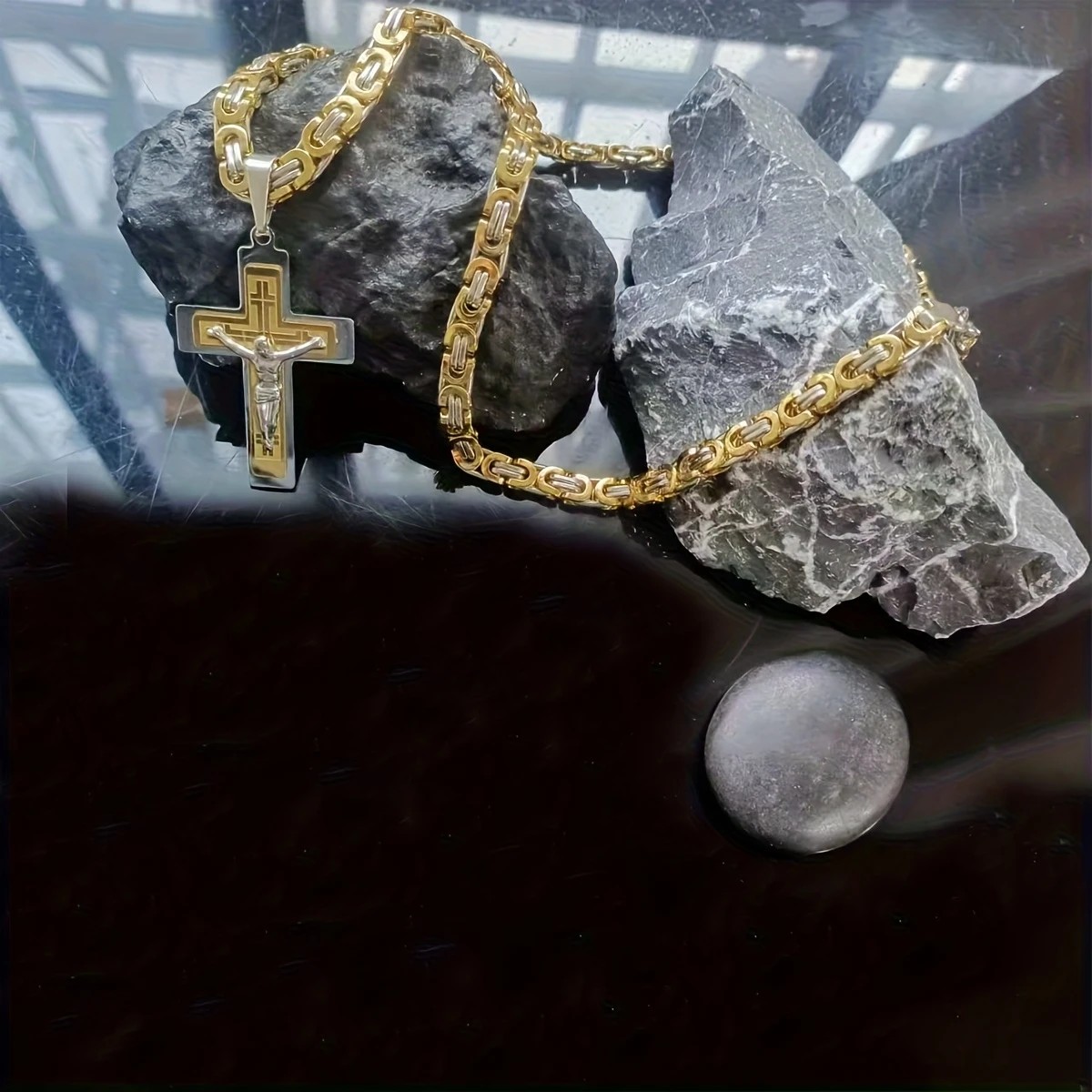 golden Trendy Gold-Plated Cross Men's Pendant, paired with a Cuban chain—a bold, personal expression of faith. - Image 3