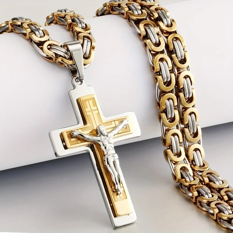 golden Trendy Gold-Plated Cross Men's Pendant, paired with a Cuban chain—a bold, personal expression of faith. - Image 5