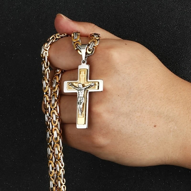 Trendy Gold-Plated Cross Men's Pendant, paired with a Cuban chain—a bold, personal expression of faith.（Gold+silver） - Image 2