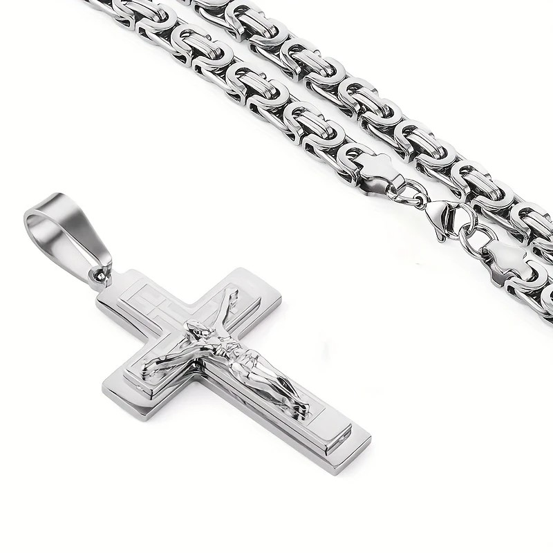Trendy Gold-Plated Cross Men's Pendant, paired with a Cuban chain—a bold, personal expression of faith.（Gold+silver） - Image 4