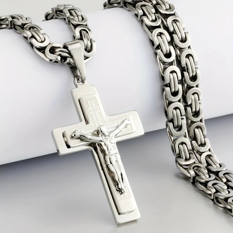 Trendy Gold-Plated Cross Men's Pendant, paired with a Cuban chain—a bold, personal expression of faith.（Gold+silver） - Image 8
