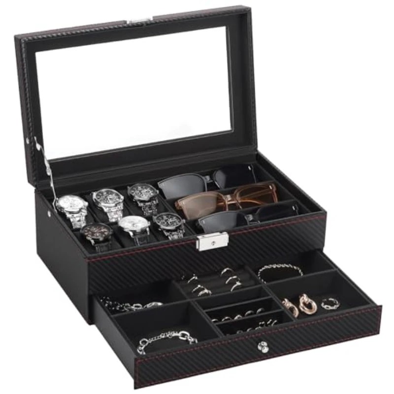 Men's Watch and Glasses Storage Box: Transparent Lid, Zoned Storage, Multi-slot Protection for Watches and Accessories - Image 1