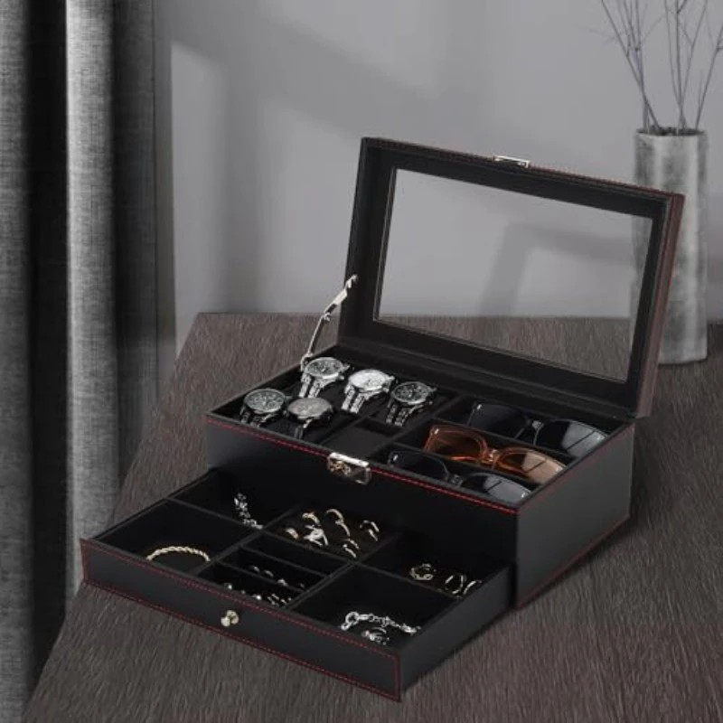 Men's Watch and Glasses Storage Box: Transparent Lid, Zoned Storage, Multi-slot Protection for Watches and Accessories - Image 2